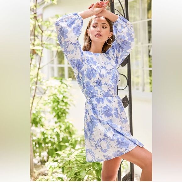 Lulus Fondly Fresh Blue and White Floral Print Long Sleeve Mini Dress - Picture 3 of 9